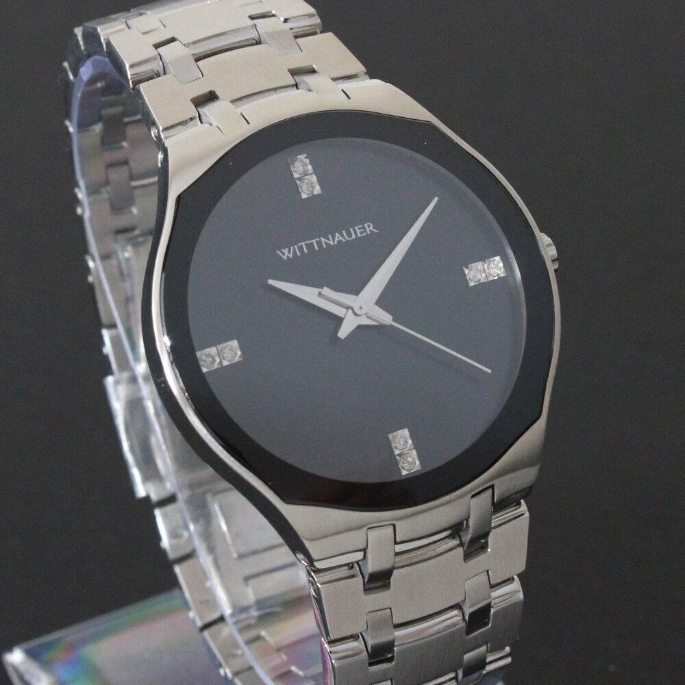 Wittnauer Ladies Dress Watch 8 Diamonds On Black Sun-ray Dial 36mm - Picture 5 of 13